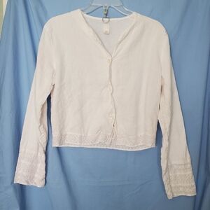 120% Lino Flax/Linen White Cropped  Top Jacket Smock Type Embroidery Sz 44=Med